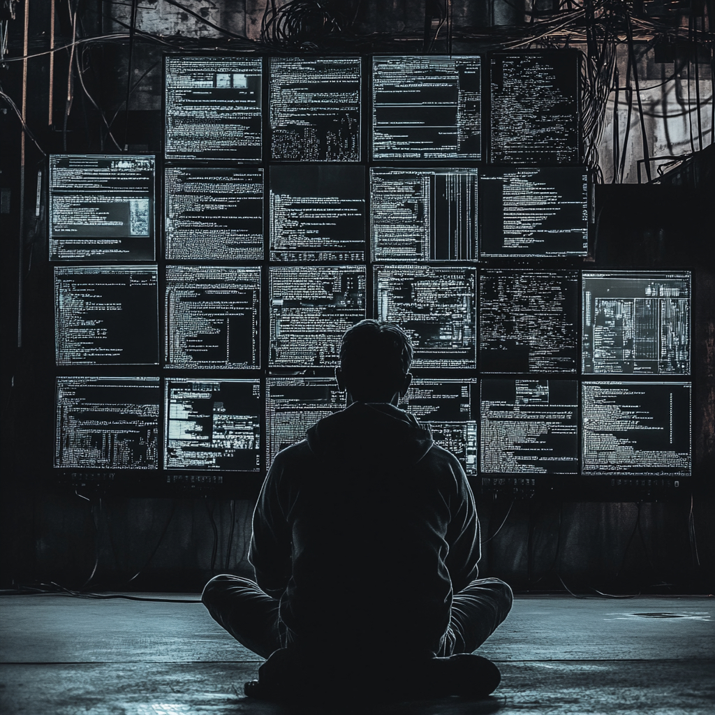 A developer sits on a floor while staring at a wall of screens